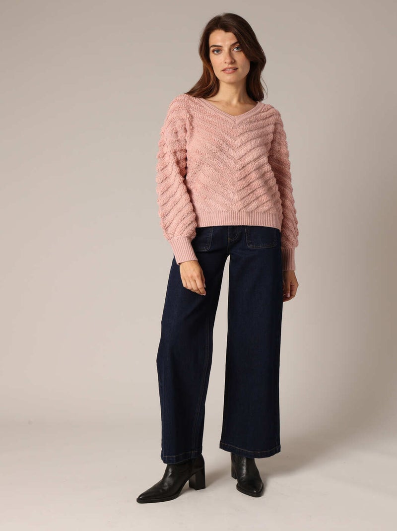 Pull texturé avec col en V et manches bouffantes 'Deeluxe' Rose - Kiabi