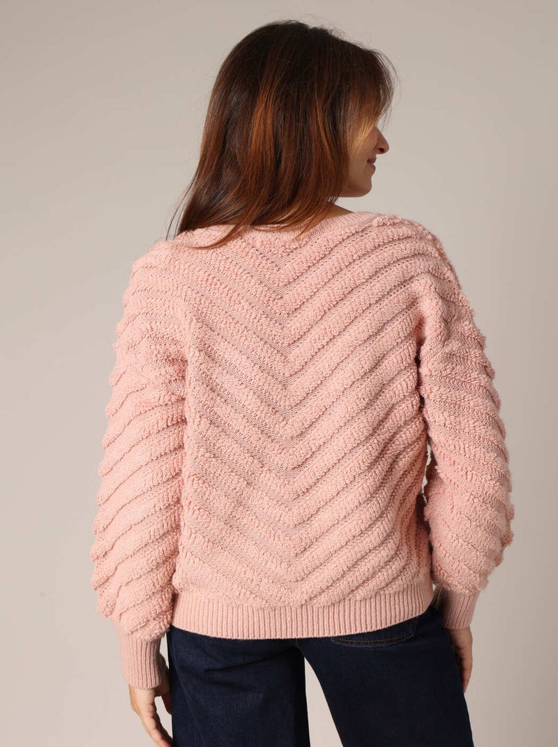 Pull texturé avec col en V et manches bouffantes 'Deeluxe' Rose - Kiabi