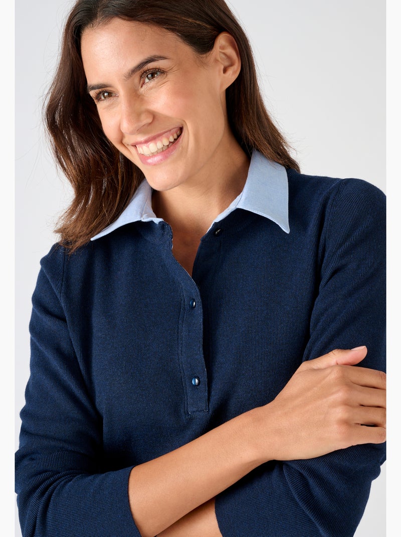 Pull Thermolactyl col chemisier chambray - Damart Bleu - Kiabi