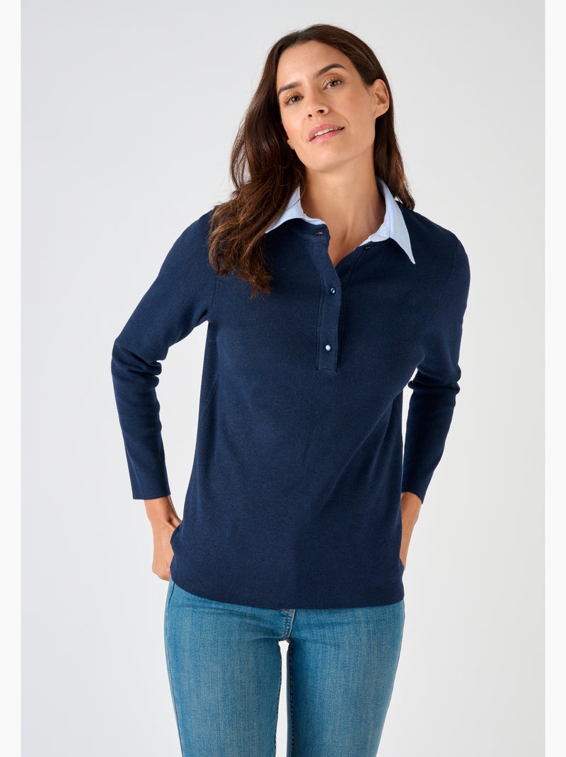 Pull Thermolactyl col chemisier chambray - Damart Bleu - Kiabi