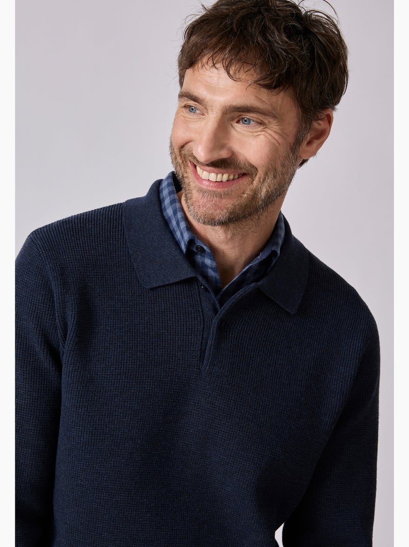 Pull thermolactyl col polo en maille texturée. - damart Bleu marine - Kiabi