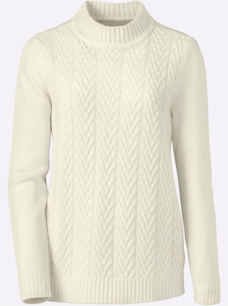 Pull torsadé col montant avec manches longues en tricot lisse - Taille standard - Moda Vilona Blanc cassé - Kiabi