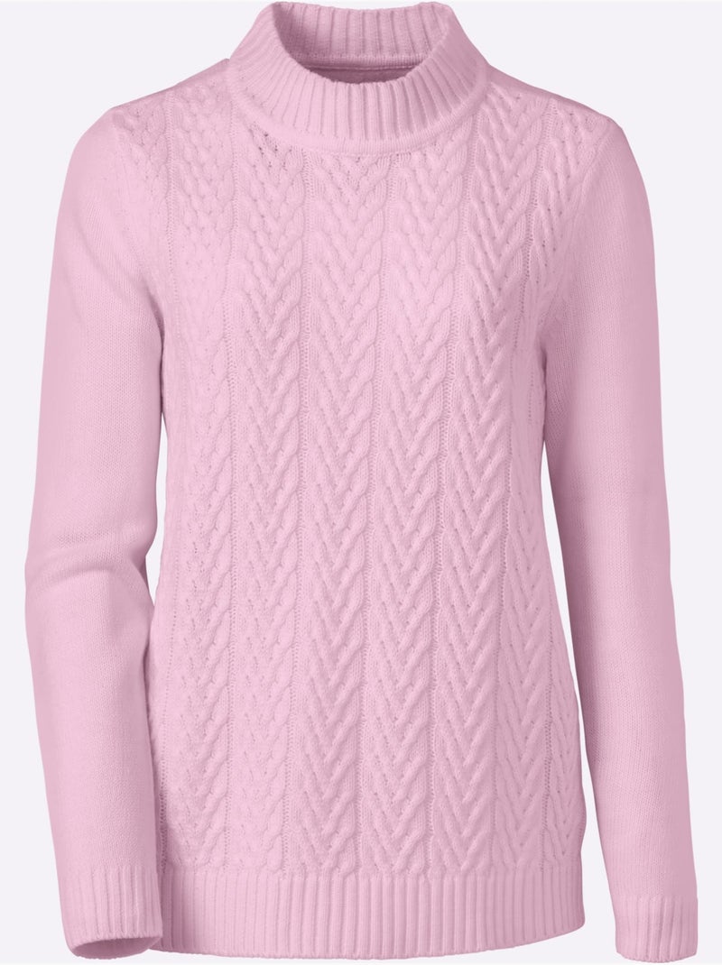 Pull torsadé col montant avec manches longues et dos en tricot lisse - Taille standard - Moda Vilona Rose - Kiabi