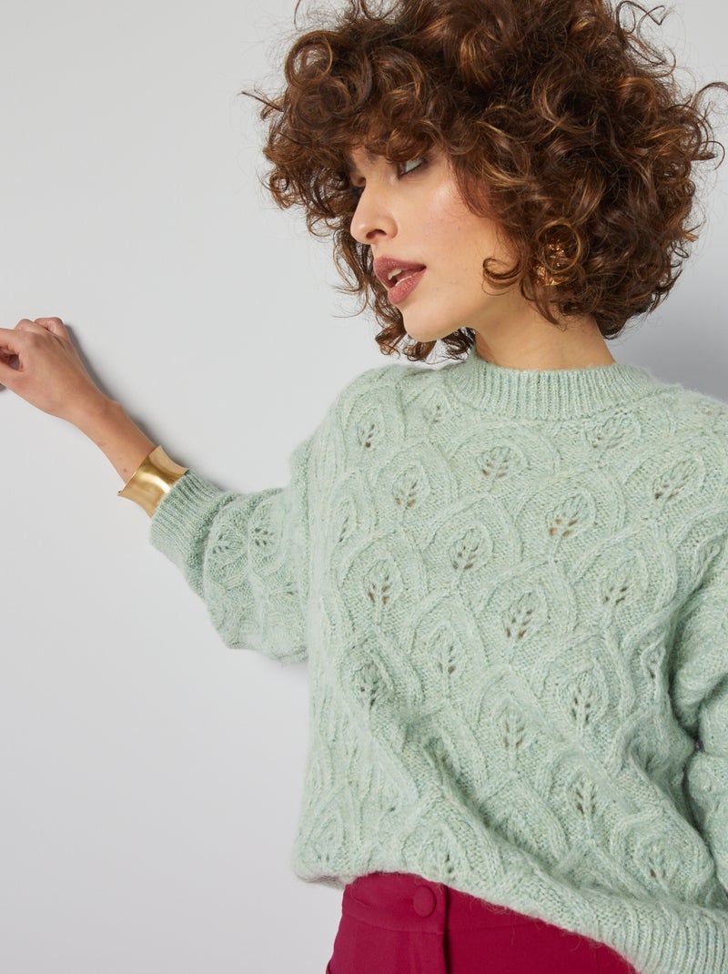 Pull tricot à motifs feuilles Vert - Kiabi