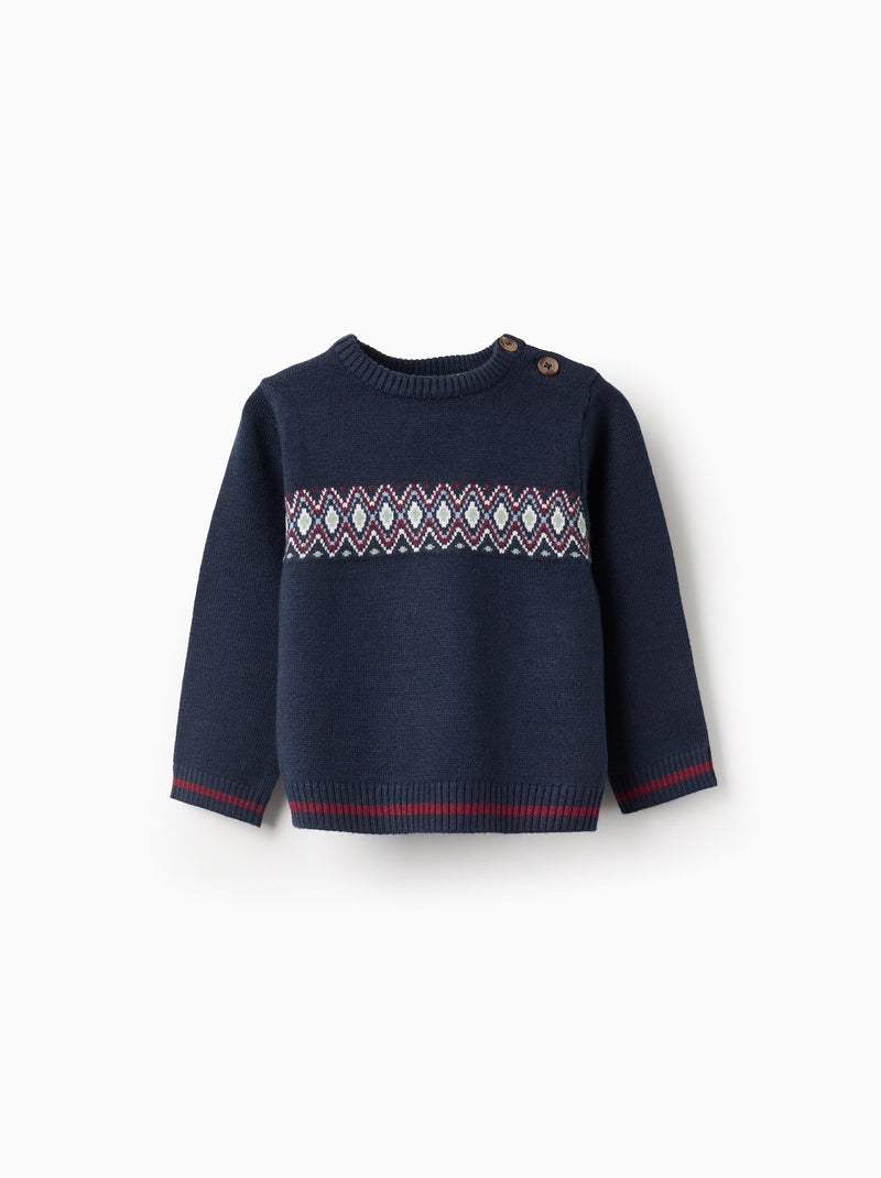 Pull Tricoté avec Jacquard et Rayures Bleu foncé - Kiabi