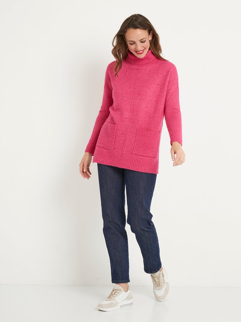 Pull-tunique chaud moucheté col roulé - Afibel Rose fushia - Kiabi