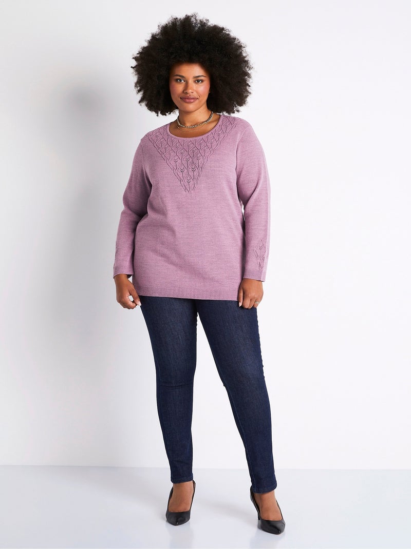 Pull-tunique chiné ajouré col rond - Afibel Violet - Kiabi