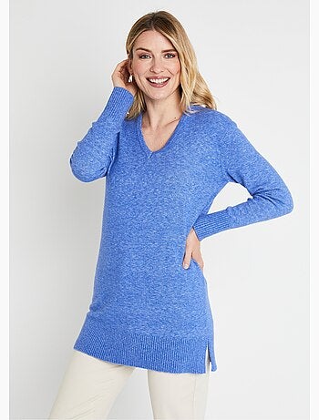 Pull tunique chiné long col V avec laine - Afibel
