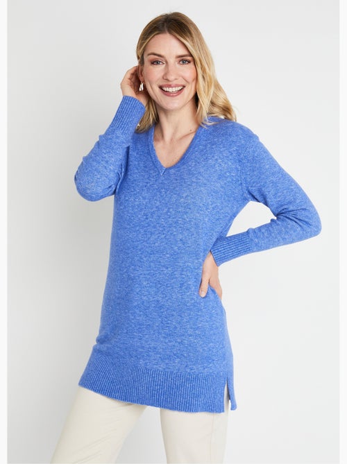 Pull tunique chiné long col V avec laine - Afibel - Kiabi