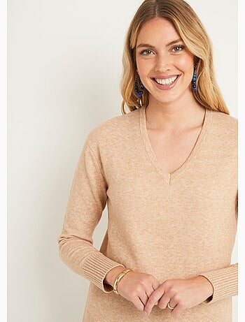 Pull tunique chiné long col V avec laine - Afibel
