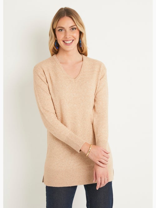 Pull tunique chiné long col V avec laine - Afibel - Kiabi