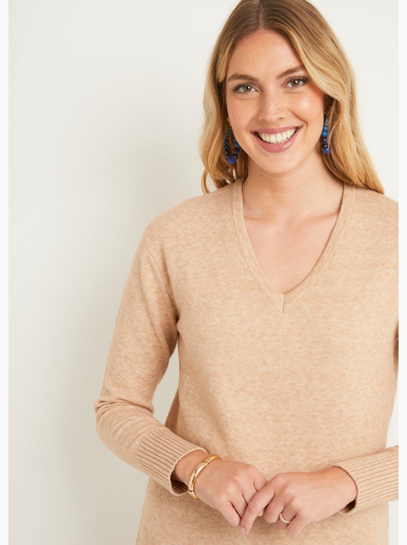 Pull tunique chiné long col V avec laine - Afibel Sable - Kiabi