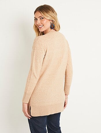 Pull tunique chiné long col V avec laine