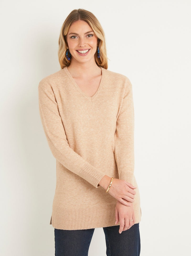 Pull tunique chiné long col V avec laine Beige sable - Kiabi