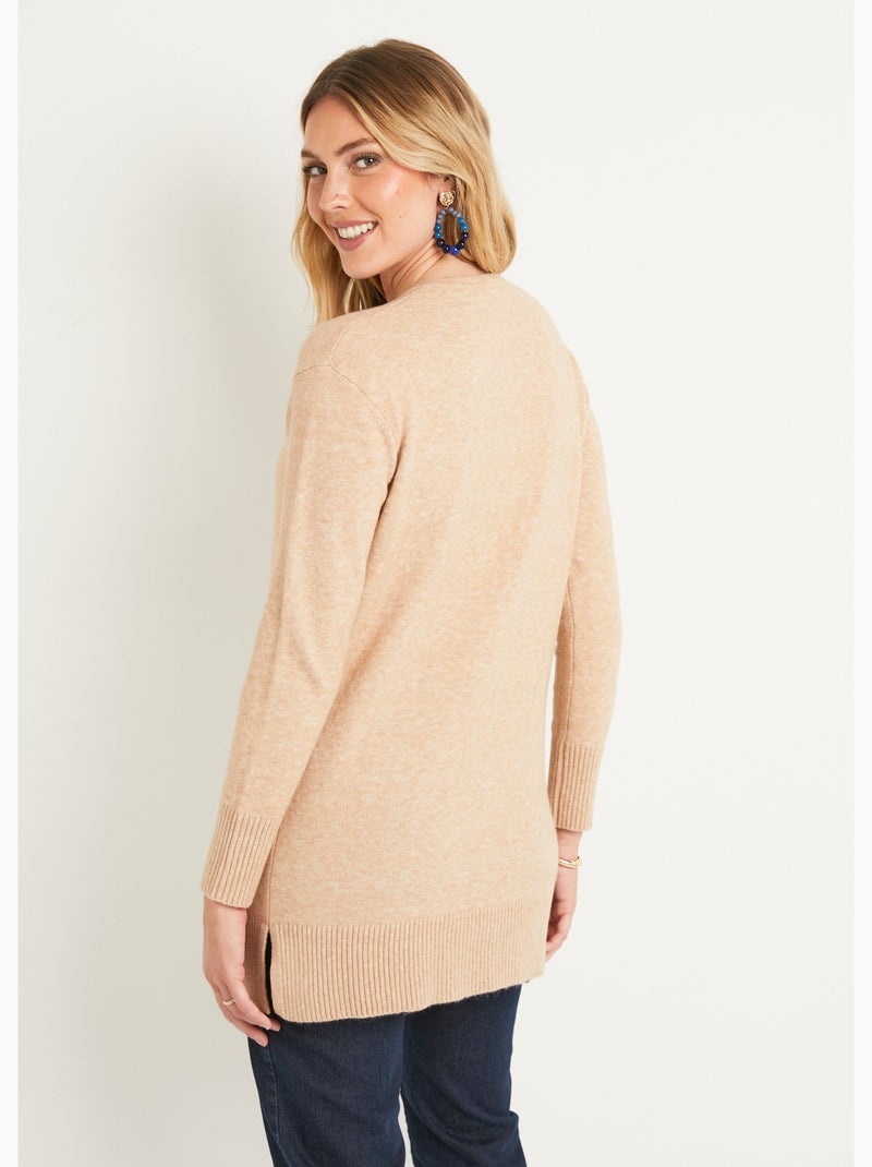 Pull tunique chiné long col V avec laine Beige sable - Kiabi