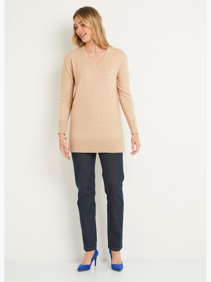 Pull tunique chiné long col V avec laine Beige sable - Kiabi