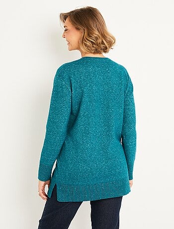Pull tunique chiné long col V avec laine