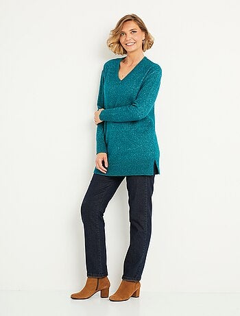 Pull tunique chiné long col V avec laine