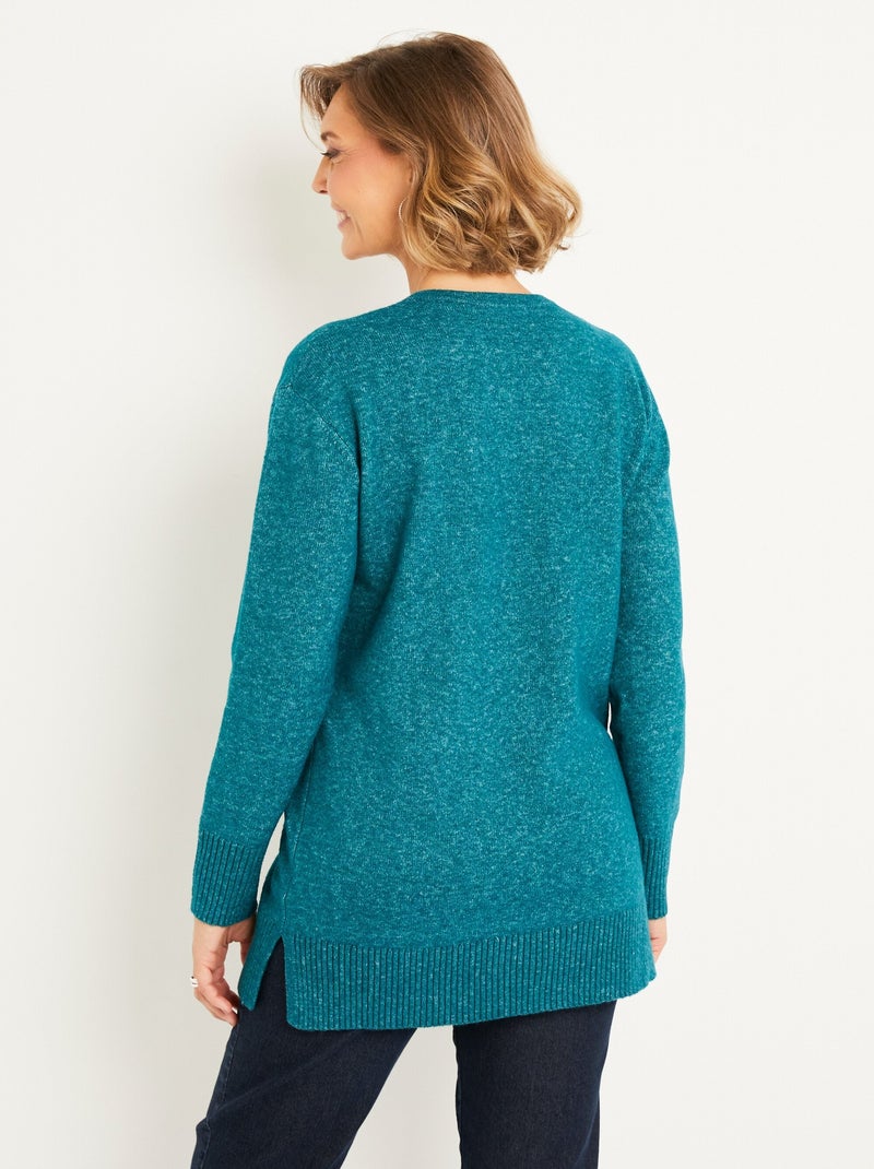 Pull tunique chiné long col V avec laine Bleu canard - Kiabi