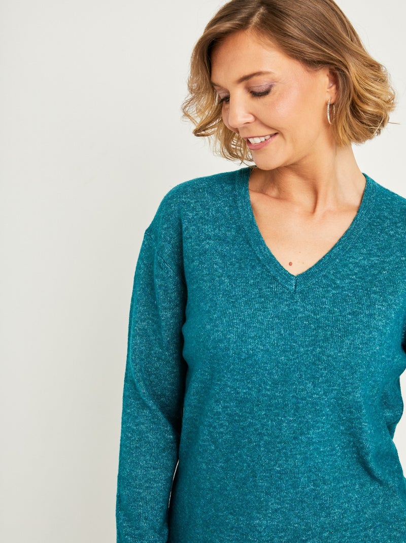 Pull tunique chiné long col V avec laine Bleu canard - Kiabi
