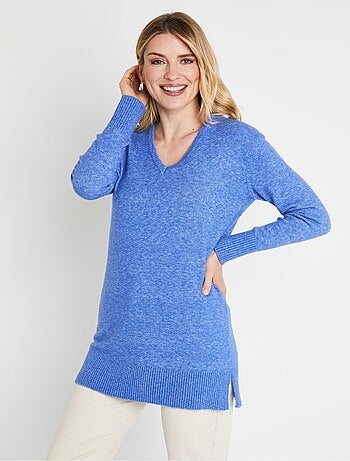 Pull tunique chiné long col V avec laine