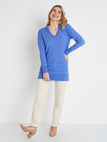 Pull tunique chiné long col V avec laine