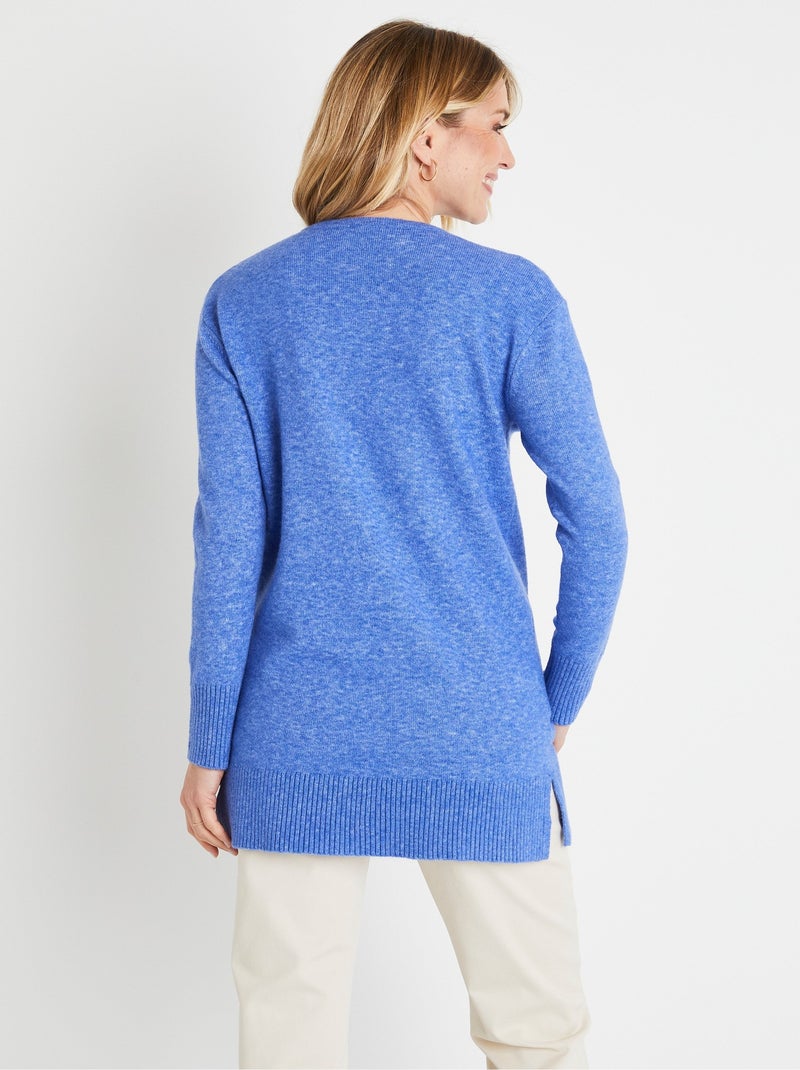 Pull tunique chiné long col V avec laine Bleu - Kiabi
