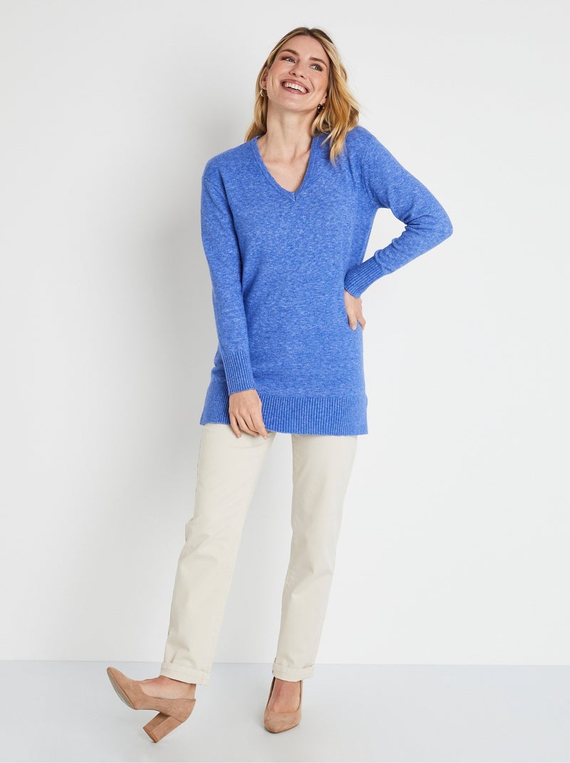 Pull tunique chiné long col V avec laine Bleu - Kiabi