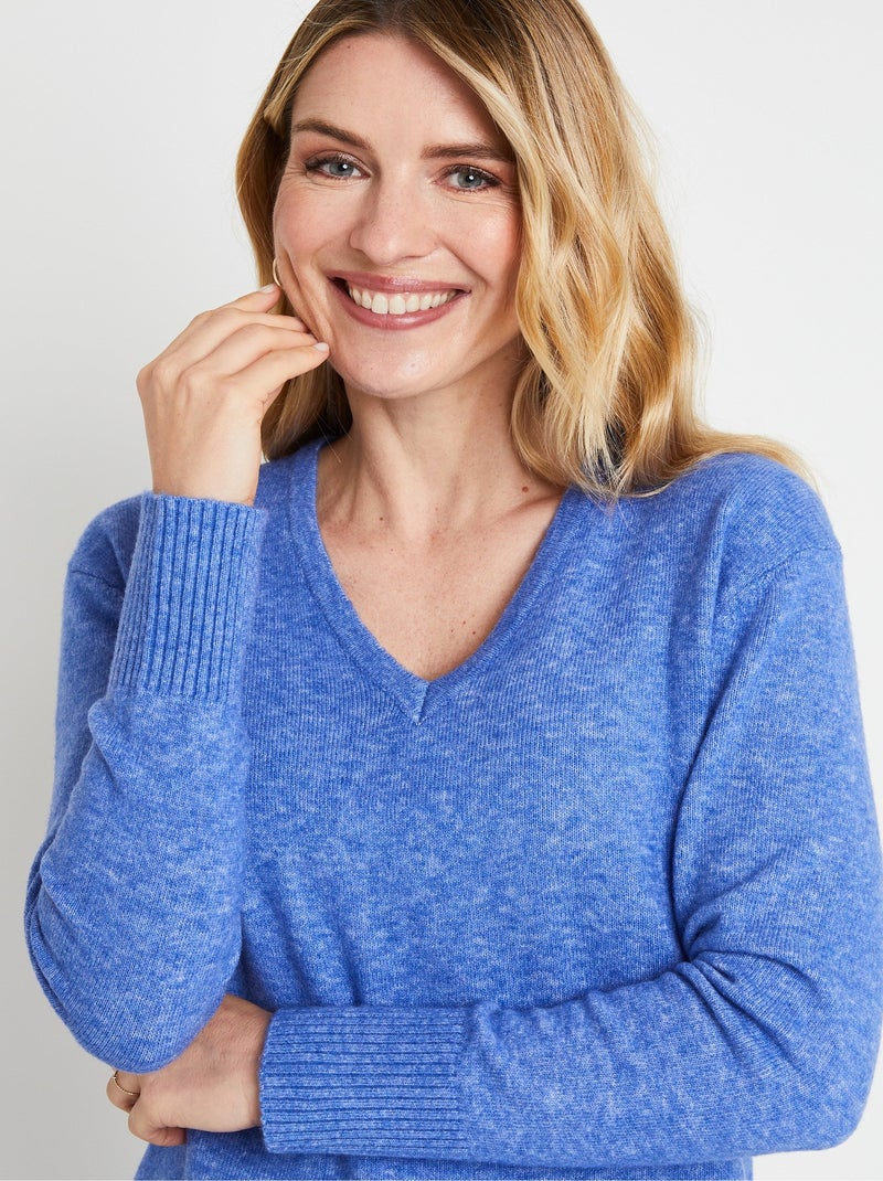 Pull tunique chiné long col V avec laine Bleu - Kiabi