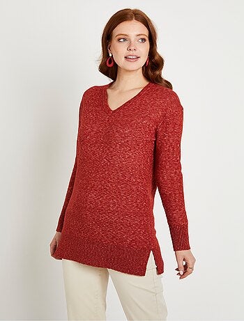 Pull tunique chiné long col V avec laine