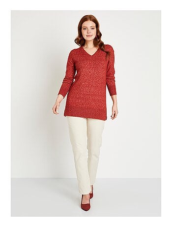 Pull tunique chiné long col V avec laine