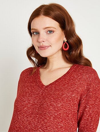 Pull tunique chiné long col V avec laine