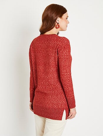 Pull tunique chiné long col V avec laine