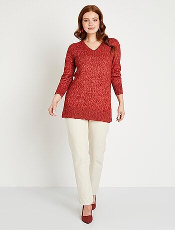 Pull tunique chiné long col V avec laine