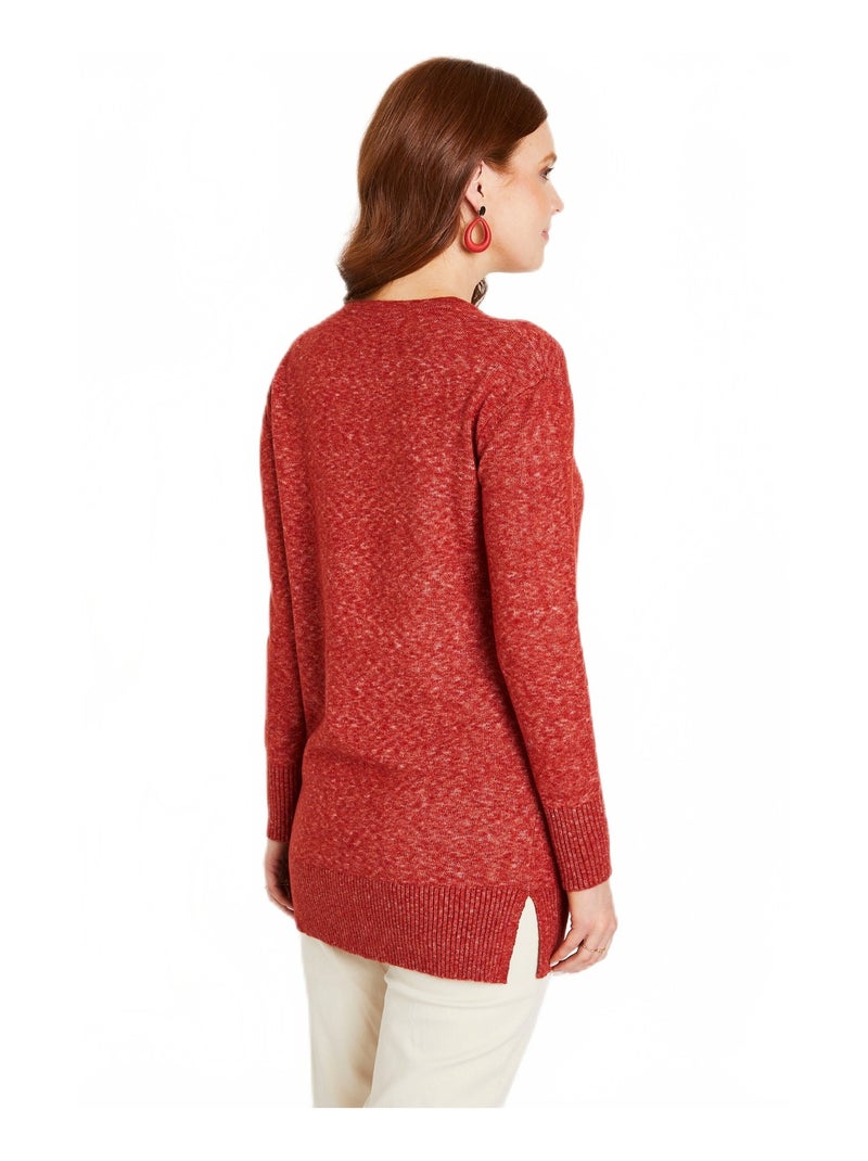 Pull tunique chiné long col V avec laine Rouge brique - Kiabi