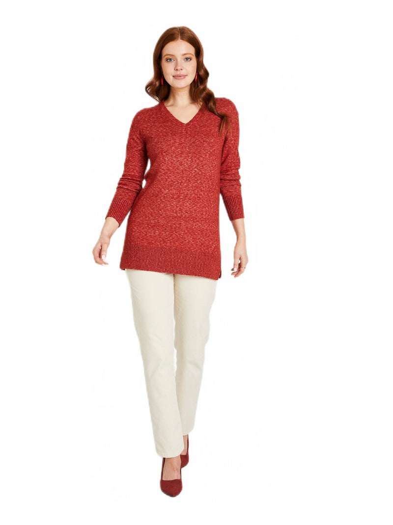 Pull tunique chiné long col V avec laine Rouge brique - Kiabi