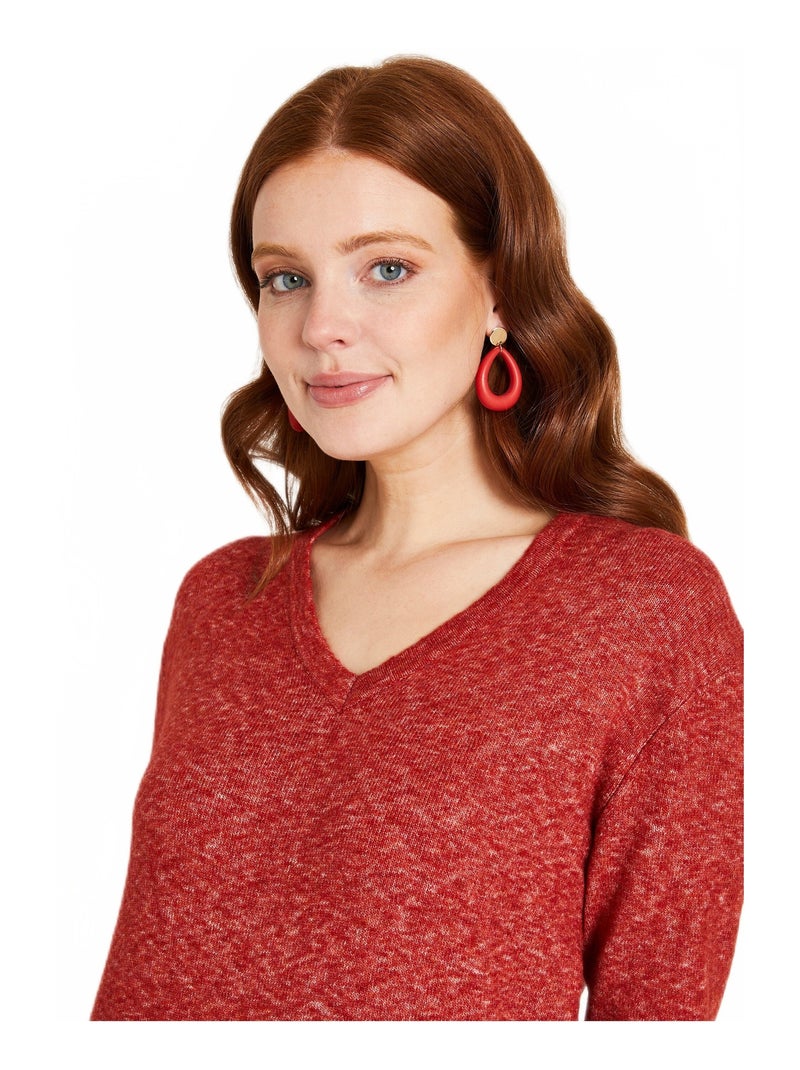 Pull tunique chiné long col V avec laine Rouge brique - Kiabi