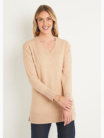 Pull tunique chiné long col V avec laine