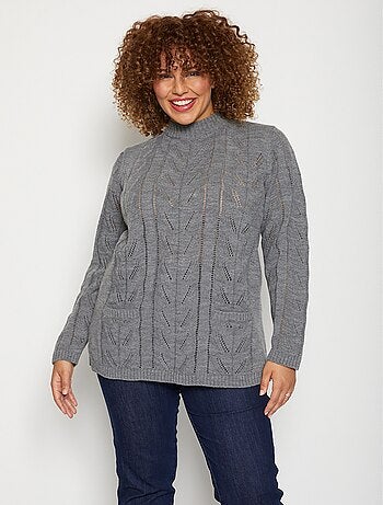 Pull tunique col montant en maille ajourée