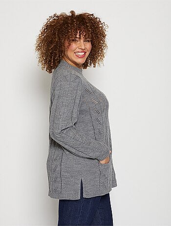 Pull tunique col montant en maille ajourée