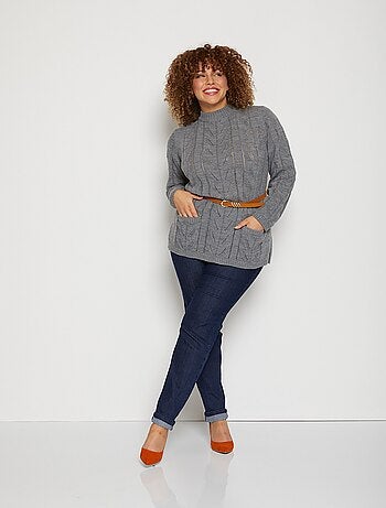 Pull tunique col montant en maille ajourée