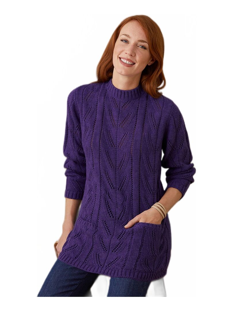 Pull tunique col montant en maille ajourée Violet - Kiabi