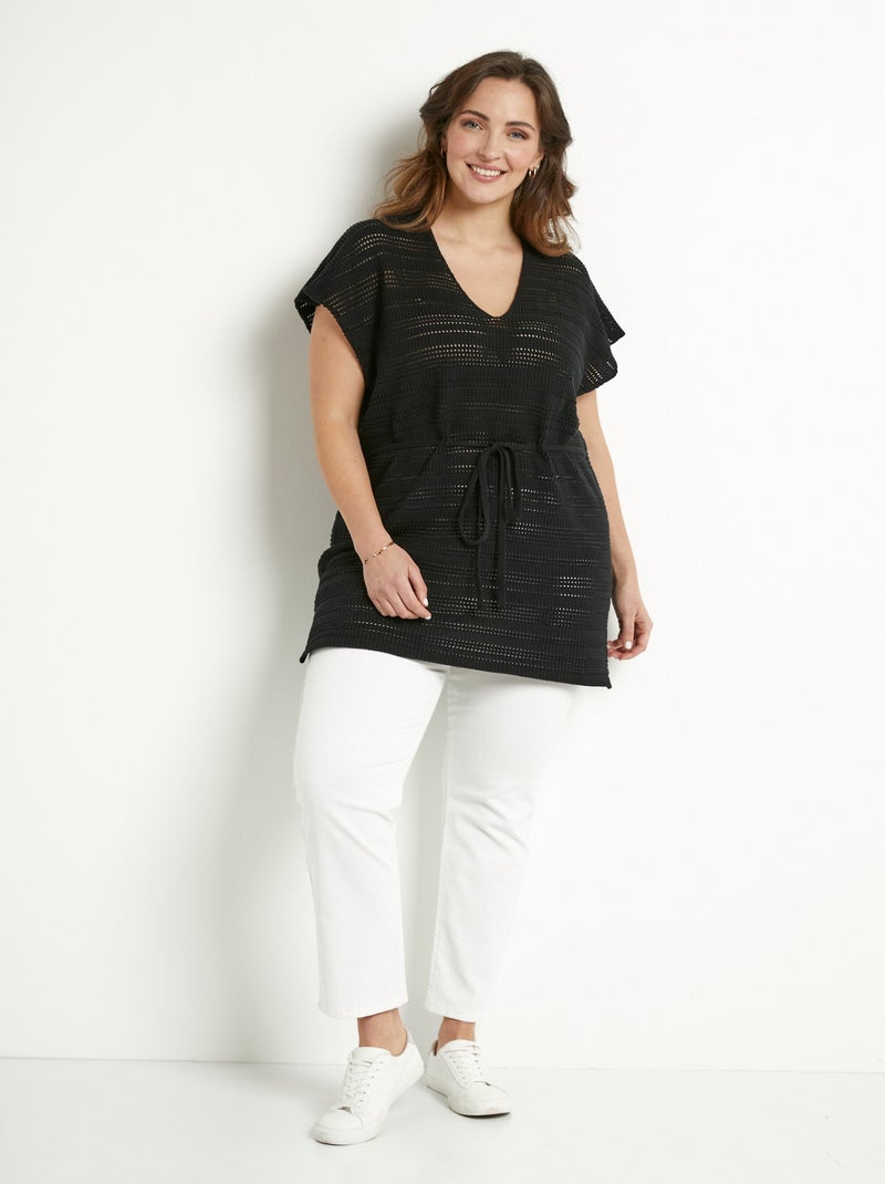 Pull-tunique de plage long ajouré col V coton - Afibel Noir - Kiabi