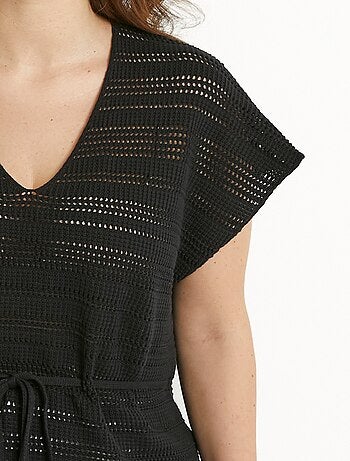 Pull-tunique de plage long ajouré col V coton