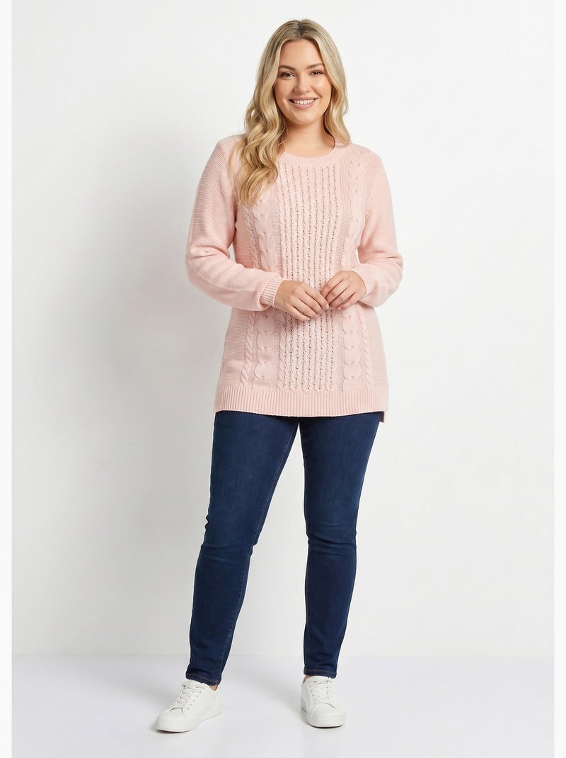 Pull-tunique jersey envers et torsades - Afibel Rose - Kiabi