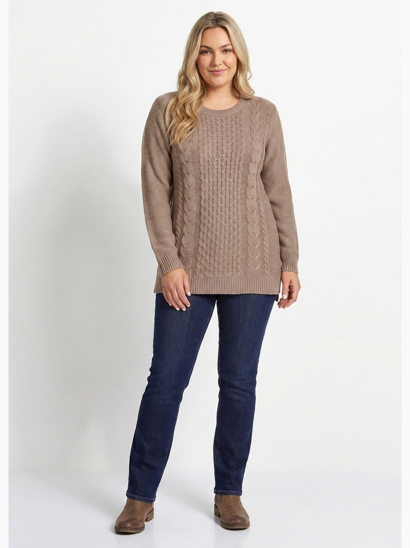 Pull-tunique jersey envers et torsades - Afibel Taupe - Kiabi