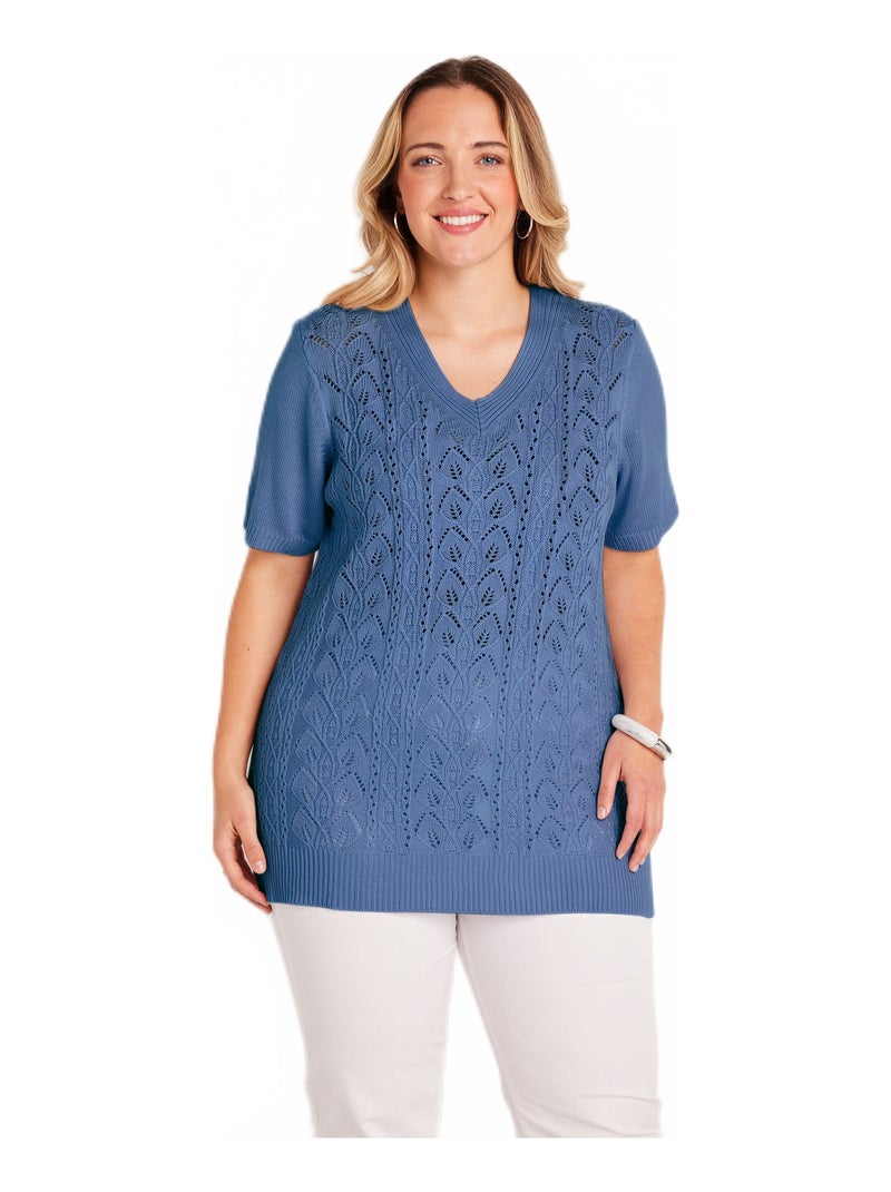 Pull-tunique long col V Bleu - Kiabi