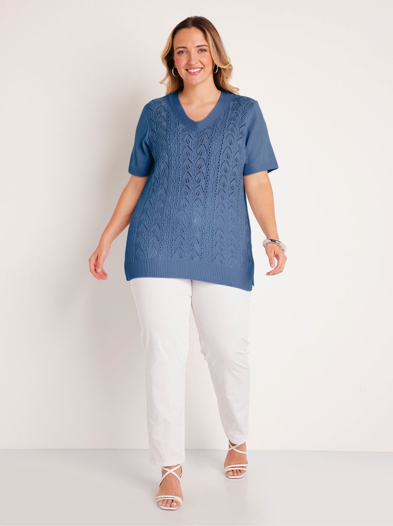 Pull-tunique long col V Bleu - Kiabi