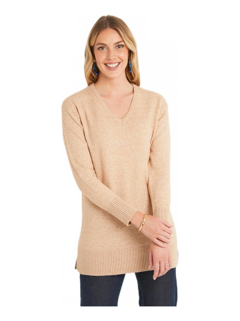 Pull tunique long col V chaud avec laine Beige sable - Kiabi