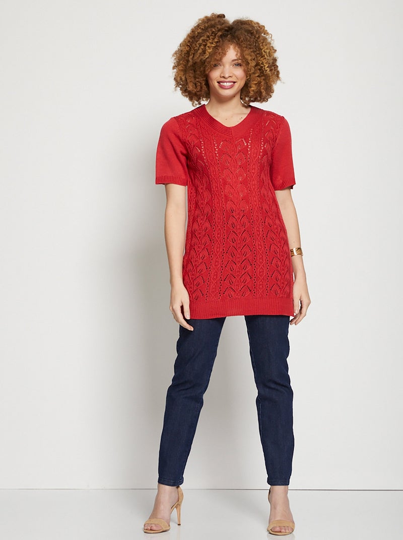 Pull-tunique long col V Framboise - Kiabi